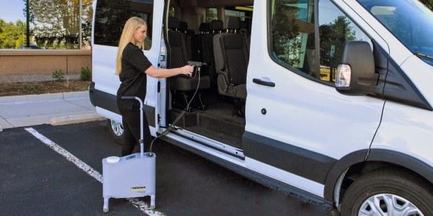 Quickly disinfect your transport van seats with the Karcher mister and vitaloxide