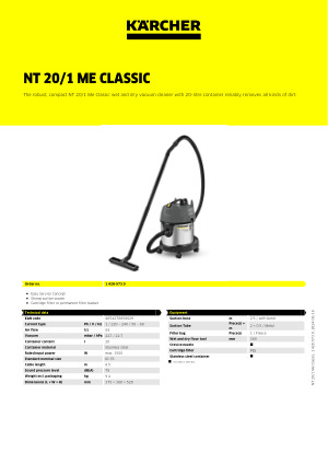 Aspirateur eau et poussières - Karcher Pro - NT 20/1 Me Classic