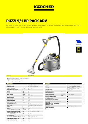 Injecteur-extracteur shampouineuse Puzzi 9/1 Bp Pack Adv (avec batterie), 11017030 - Karcher
