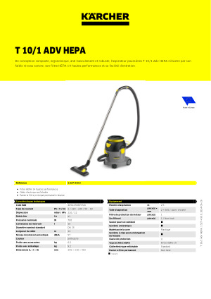 Aspirateur professionnel Kärcher T10-1 ADV 10 L + filtre HEPA14