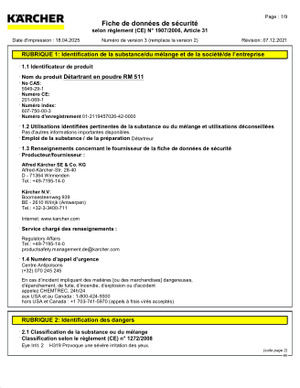 Kärcher PACK DE DÉTARTRANT EN POUDRE 17 G KARCHER POUR NETTOYEUR VAPEUR - 62959870 4 Fiche de sécurité