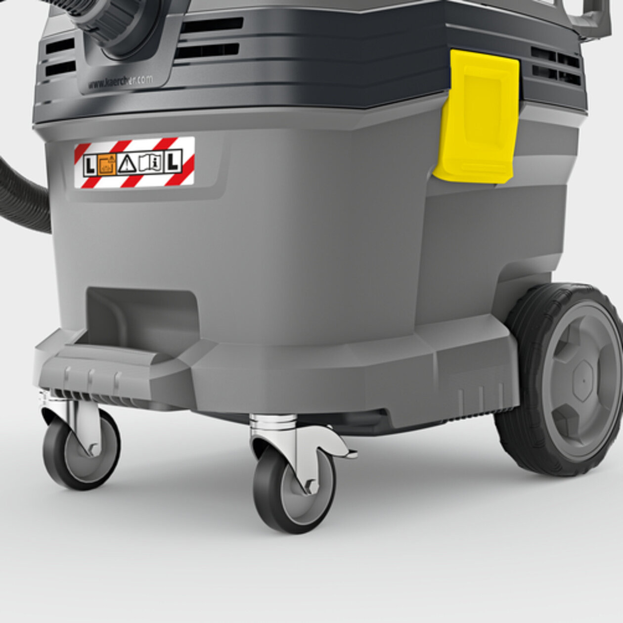 Wet and dry vacuum cleaner NT 30/1 Tact L CUL: Rugged container with bumpers and metal castors.