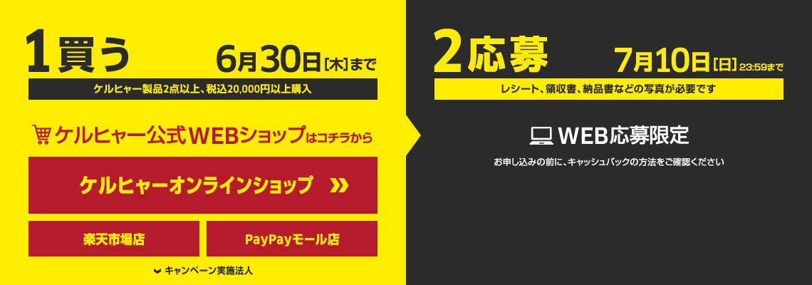 1.買う 6月30日［木］まで　ケルヒャー製品2点以上、税込20,000円以上購入　2.応募7月10日［日］23:59まで