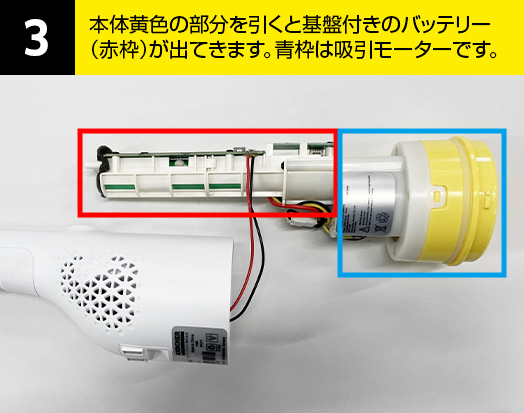 03-本体黄色の部分を引くと基盤付きのバッテリー（赤枠）が出てきます。青枠は吸引モーターです。