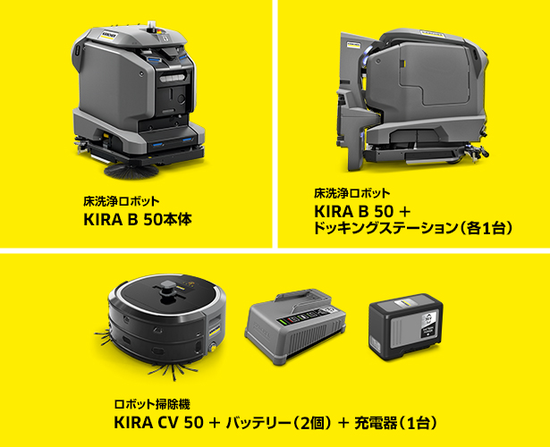 対象製品・KIRA B 50本体・KIRA B 50+ドッキングステーション(各1台)・KIRA CV 50+バッテリー(2個)+充電器(1台)