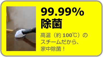 99.99%除菌 高温のスチーム(約100℃)だから、家中除菌できます