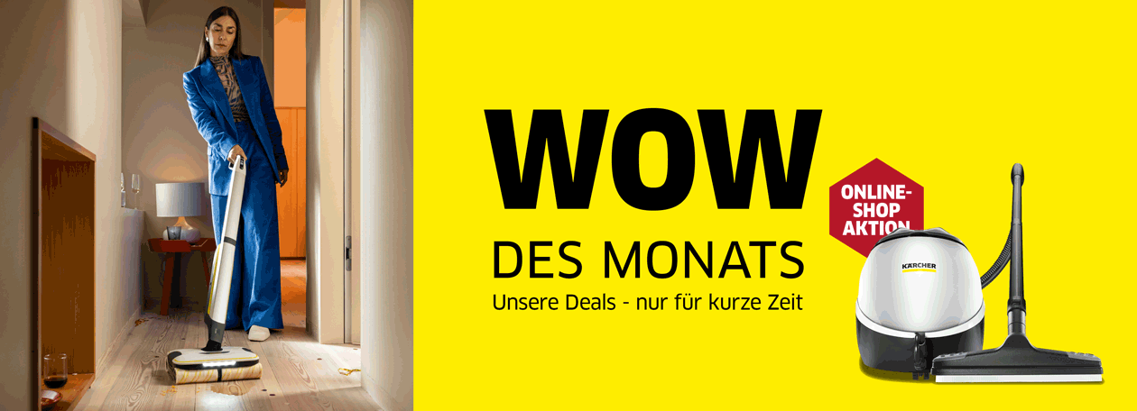 Monatsaktion Oktober  Ein Bild, das in zwei Bereiche unterteilt ist. Der linke Teil zeigt eine Frau in einem blauen Anzug, die in einem Flur einen Kärcher Hartbodenreiniger benutzt. Der rechte Teil des Bildes hat einen leuchtend gelben Hintergrund mit schwarzem Text. Es steht "WOW DES MONATS" und "Unsere Deals - nur für kurze Zeit". Auf der rechten Seite des gelben Bereichs ist ein Kärcher-Staubsauger abgebildet.