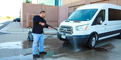 Cleaning van with a Karcher commercial cold water electric pressure washer
