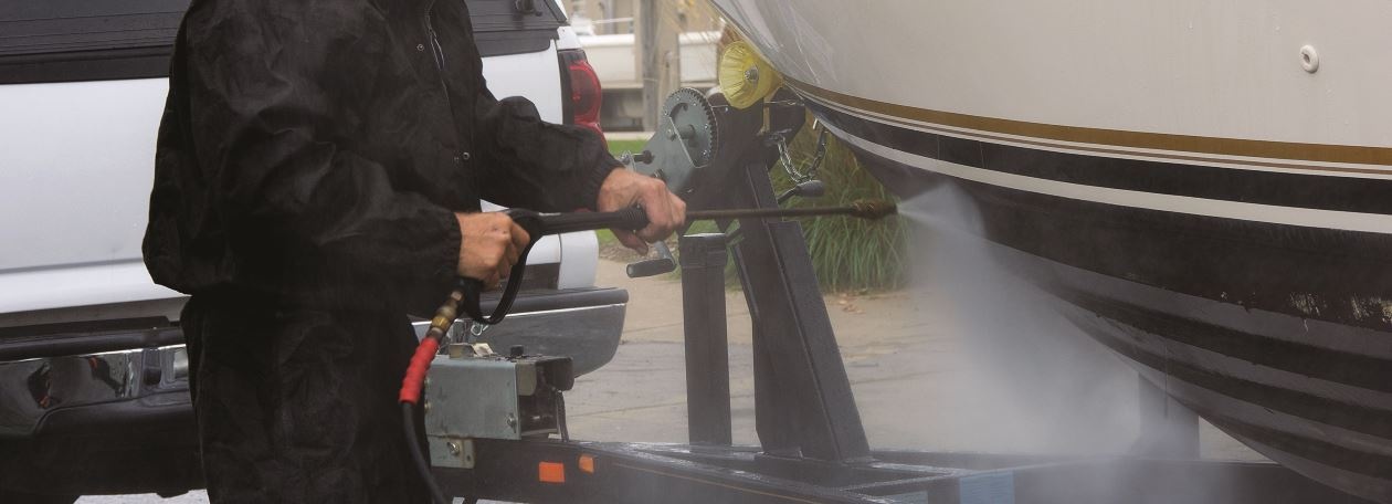 Using Karcher hot water pressure washer to clean boat hull Using Karcher hot water pressure washer to clean boat hull