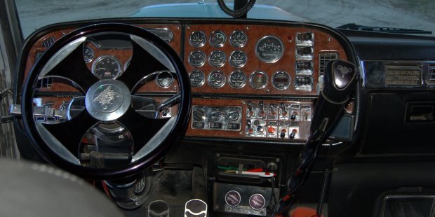 Inside the cab of a tractor trailer