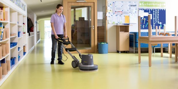 School classroom being cleaned by Karcher floor machine