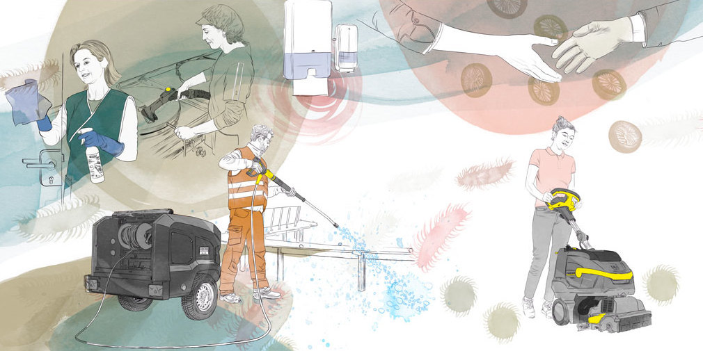 Hygiene im Wandel der Zeit - wohin geht die Reise? Abstrakte Illustration zum Thema Hygiene im Wandel der Zeit - wohin geht die Reise? Die Illustration zeigt verschiedene professionelle Reinigungskräfte bei der Arbeit.