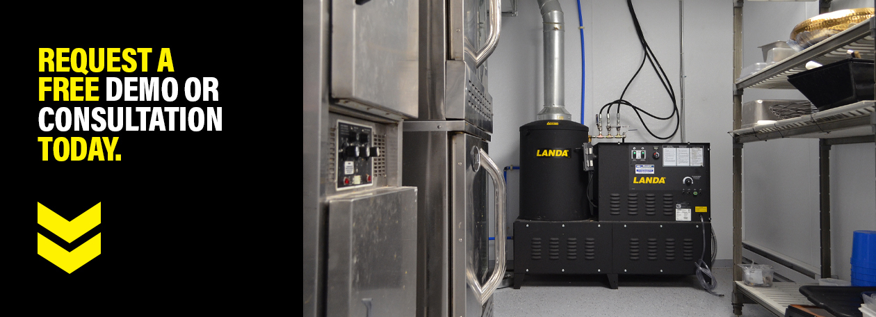 Request a free demo or consultation A Landa VHG pressure washer sits in a side room of a restaurant kitchen.