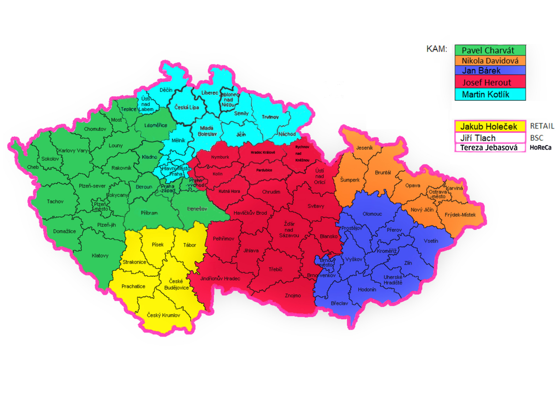 Rozložení oblastí mapy ČR - působnost obchodních zástupců Rozložení oblastí mapy ČR - působnost obchodních zástupců