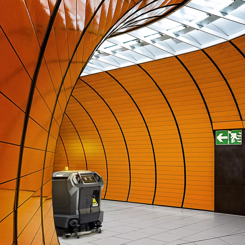 Simple cleaning of tiled floor areas in an underground public transport station with the autonomous Kärcher KIRA B 50 cleaning robot