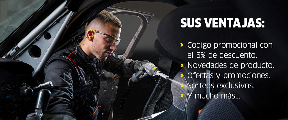 Ventajas de suscripción Newsletter profesional Hombre limpiando interior de coche con máquina Kärcher y destacando ventajas newsletter