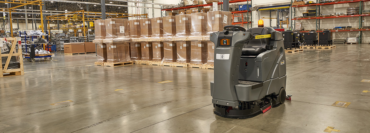 Robotic Scrubbers A Robotic Scrubber cleans floors within a manufacturing facility.