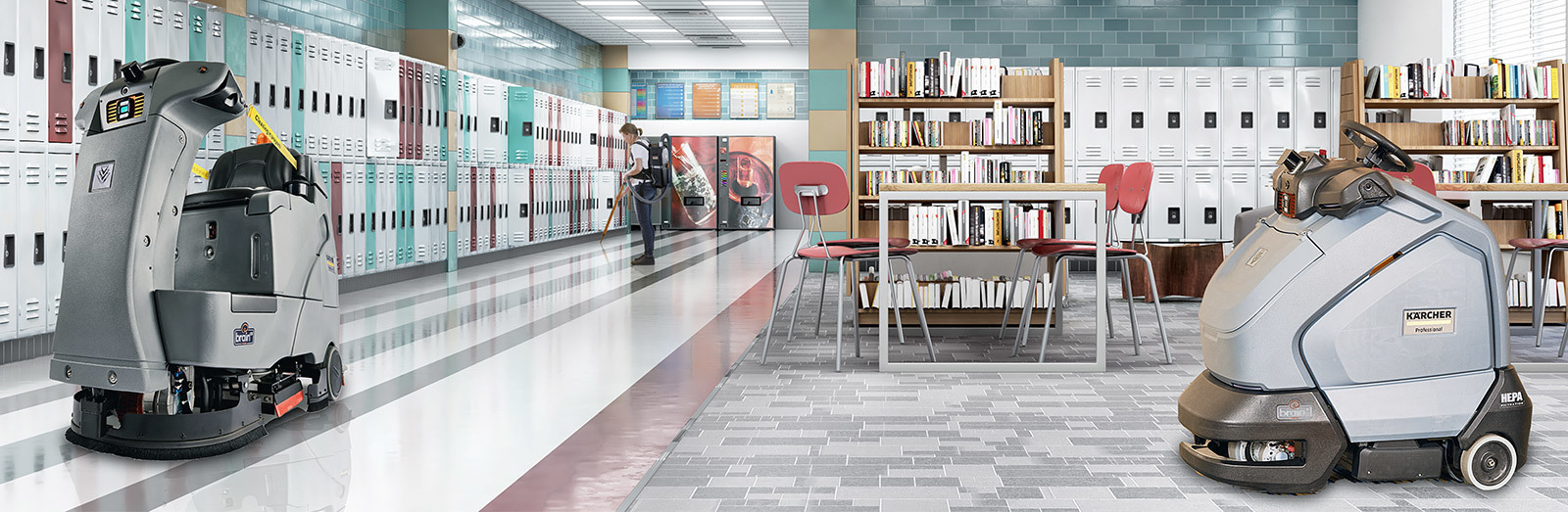 KIRA Cleaning Solutions in Action KIRA B 100 robotic floor scrubber cleans autonomously down a school hallway.