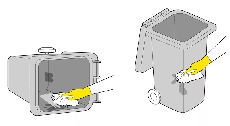 Illustrations: Bin cleaning with household products and a wash brush