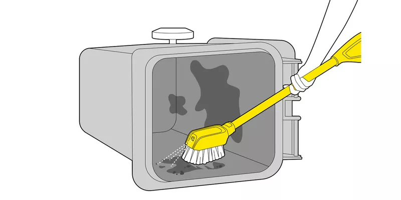 Illustration: A bin being cleaned with the Kärcher medium pressure washer and a wash brush