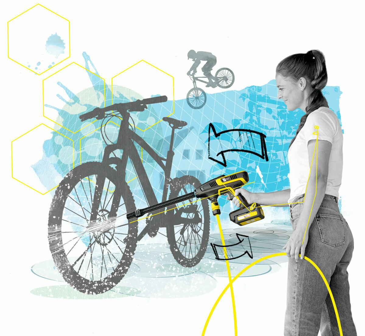 Ilustracion de mujer limpiando una bicicleta con una hidrolimpiadora Ilustracion de mujer limpiando una bicicleta con una hidrolimpiadora