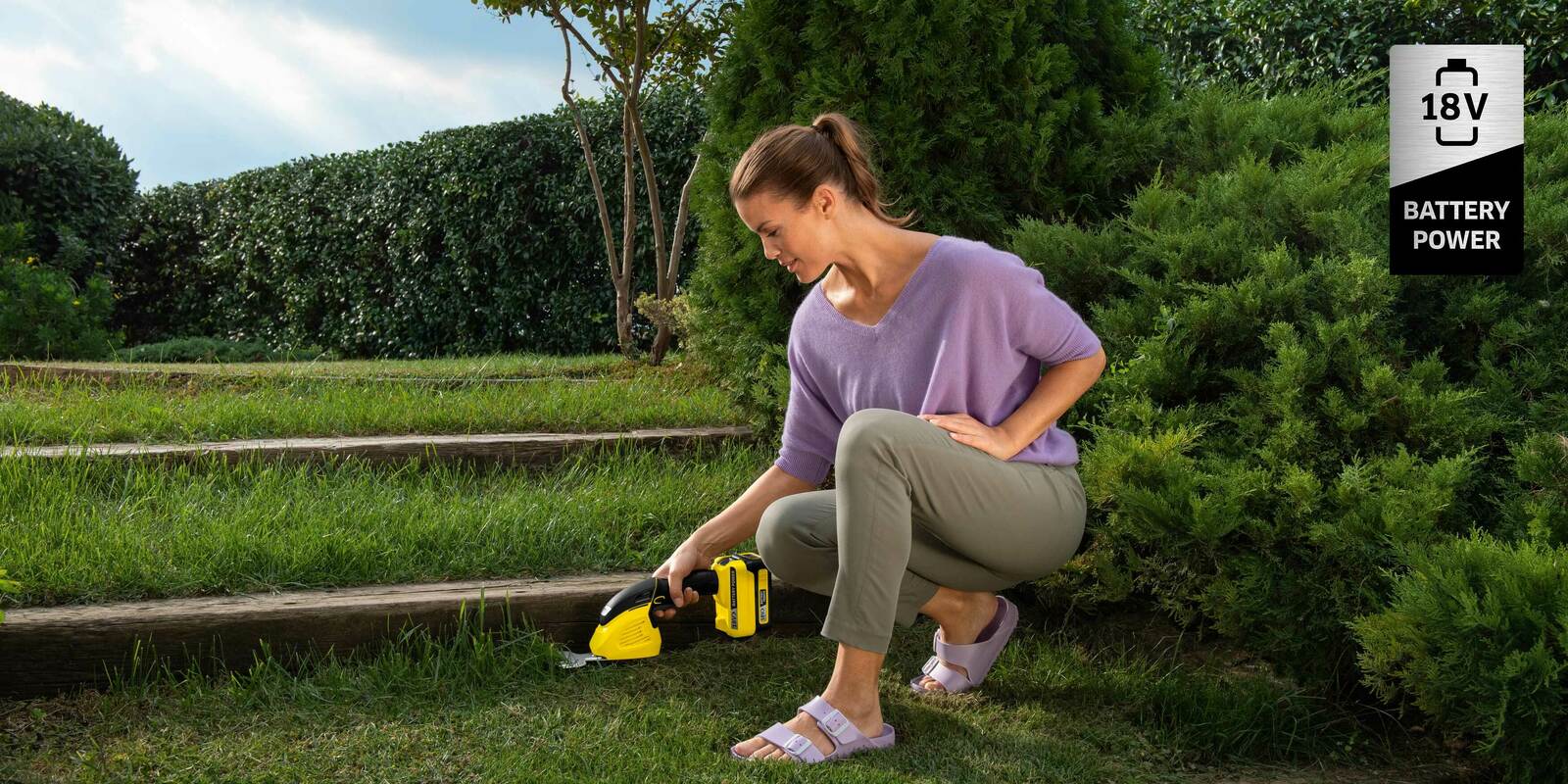 battery hedge trimmer Woman trimming hedge with battery hedge trimmer