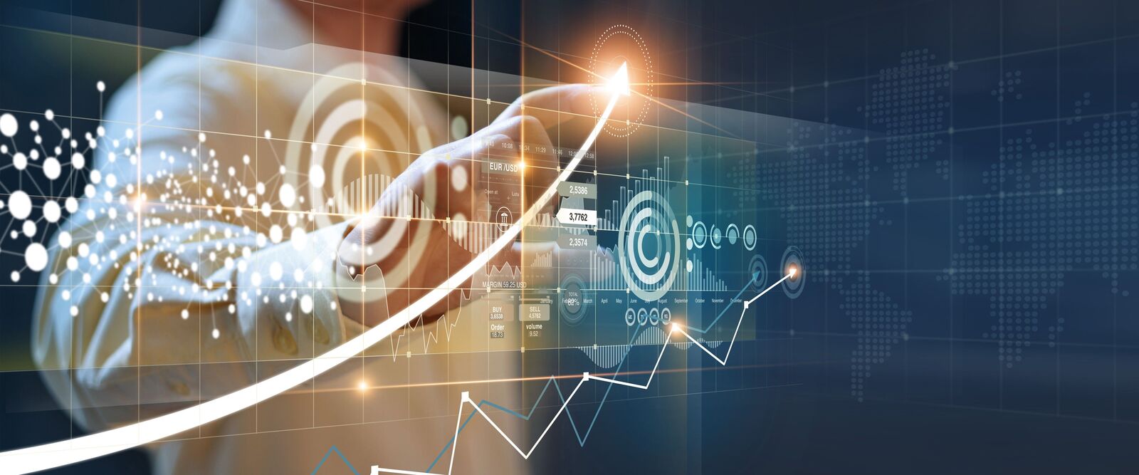 Financing solutions A person moves their hands over a virtual, futuristic animated surface showing an upward trend