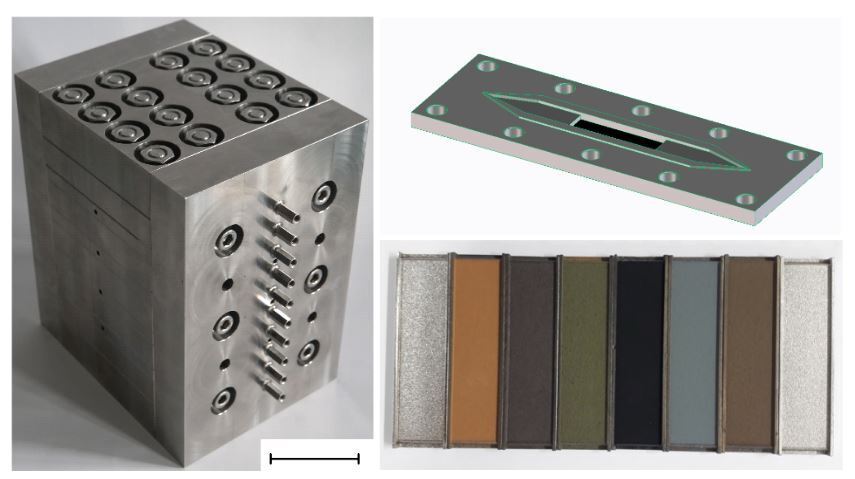 Mikrospaltreaktoren: links: Foto des 10-fach Parallelreaktors, rechts oben: CAD-Zeichnung der Unterplatte des Einzelreaktors für Mikro-spaltplatten mit Wandkatalysatorbeschichtung, unten: mit Katalysator beschichtete Mikrospaltplatten (alles Eigenentwicklungen der TUC) Mikrospaltreaktoren: links: Foto des 10-fach Parallelreaktors, rechts oben: CAD-Zeichnung der Unterplatte des Einzelreaktors für Mikro-spaltplatten mit Wandkatalysatorbeschichtung, unten: mit Katalysator beschichtete Mikrospaltplatten (alles Eigenentwicklungen der TUC)