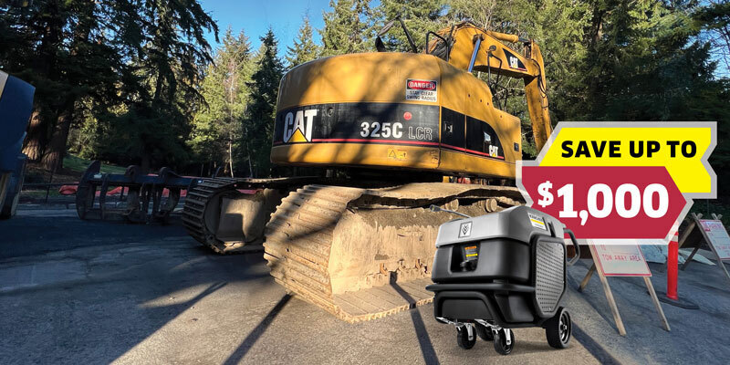 Save Up To $1000 on select pressure washers! Kärcher Mojave sits in front of construction equipment with an illustrated banner that says Save Up To $1,000