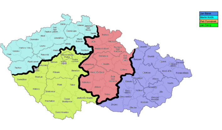 Rozložení oblastí mapy ČR - působnost obchodních zástupců Rozložení oblastí mapy ČR - působnost obchodních zástupců