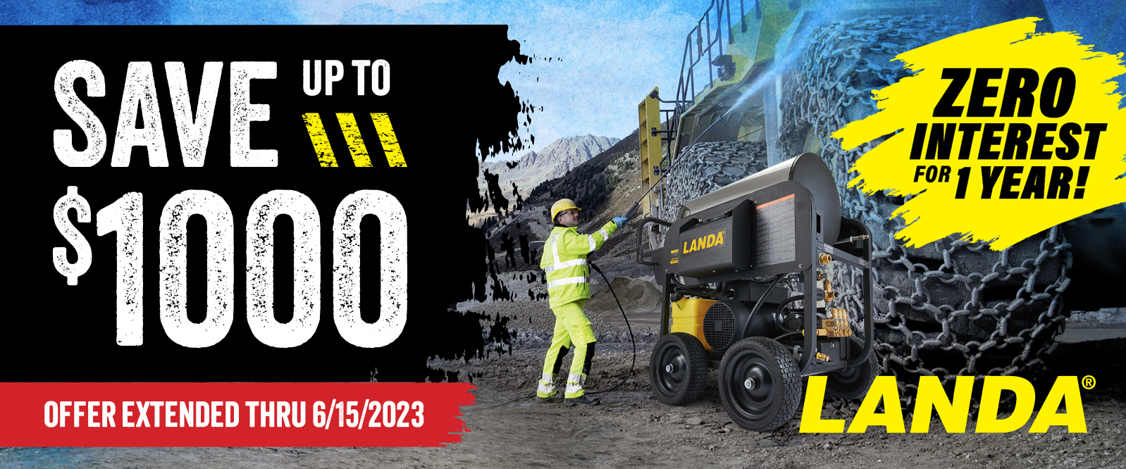 Save up to $1000, now through June 15! Illustration showing a worker pressure wash construction equipment