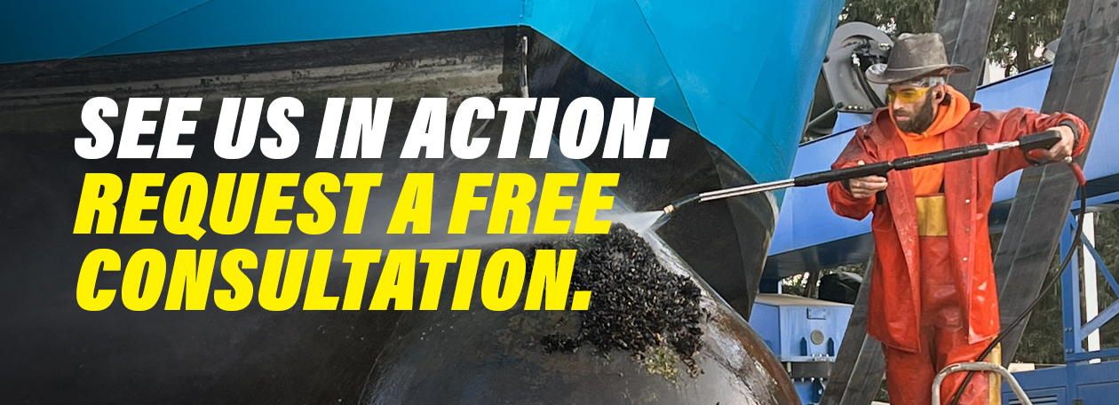 Request a free consultation Headline reads See Us In Action, and it sits next to man pressure washing a boat