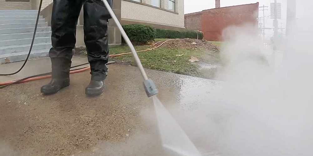 Pressure washing sidewalk A worker pressure washes the sidewalk entrance of the building