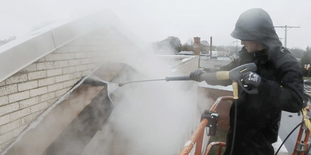 Pressure washing near the top of the library A worker pressure washes biological material from the building