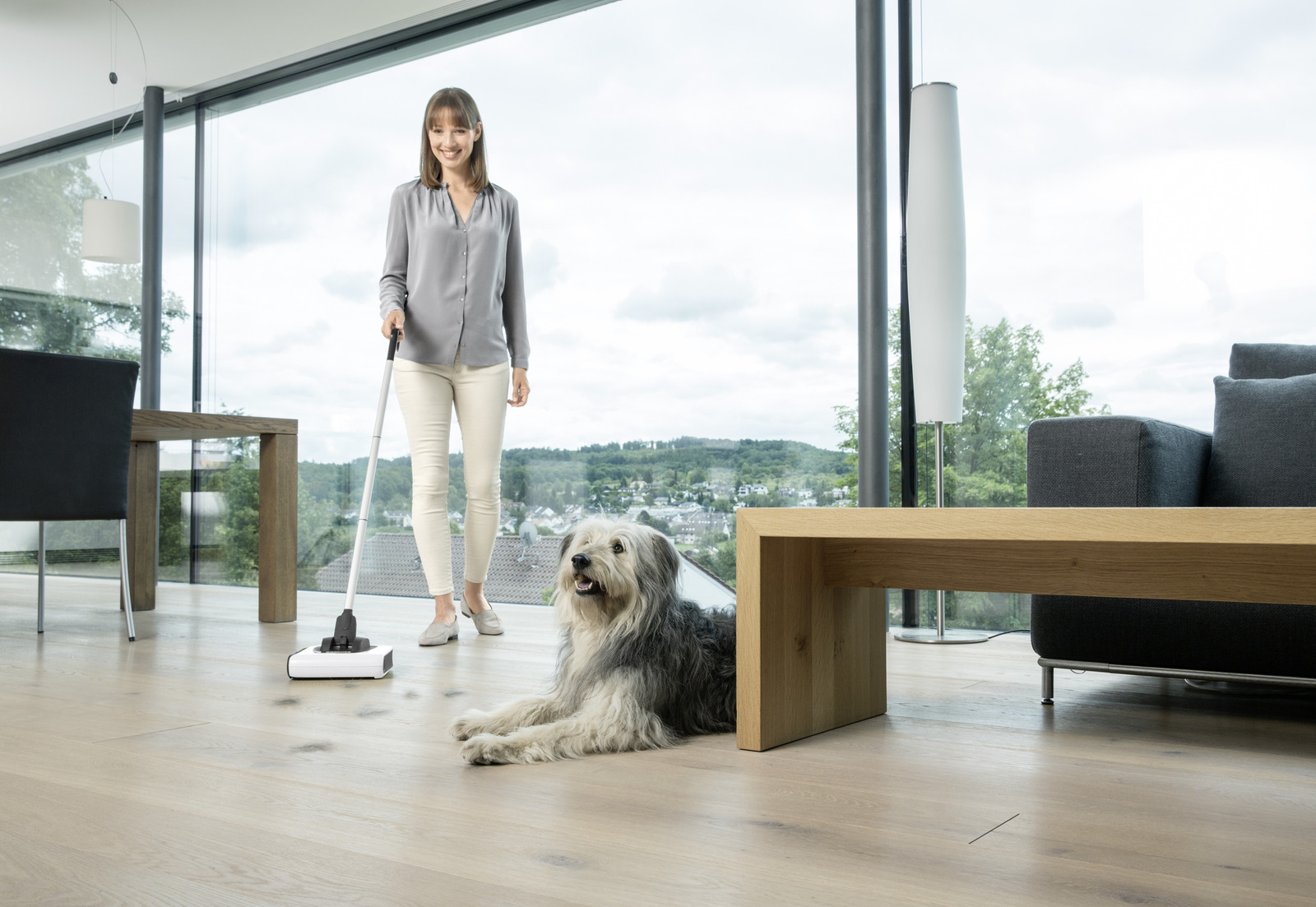 Removing pet hair from the floor with a cordless electric broom Removing pet hair from the floor with a Kärcher cordless electric broom