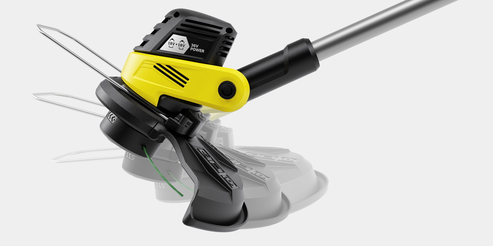 Ergonomisches Trimmen Ein Hand verstellt per Knopfdruck den Winkel des Kärcher Akku-Rasentrimmers