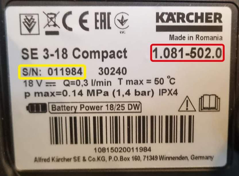 Format of article number in red and serial number in yellow