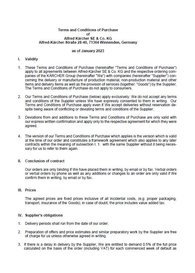 Purchasing terms & conditions for deliveries to Alfred Kärcher SE & Co. KG (Germany) (10-2023)