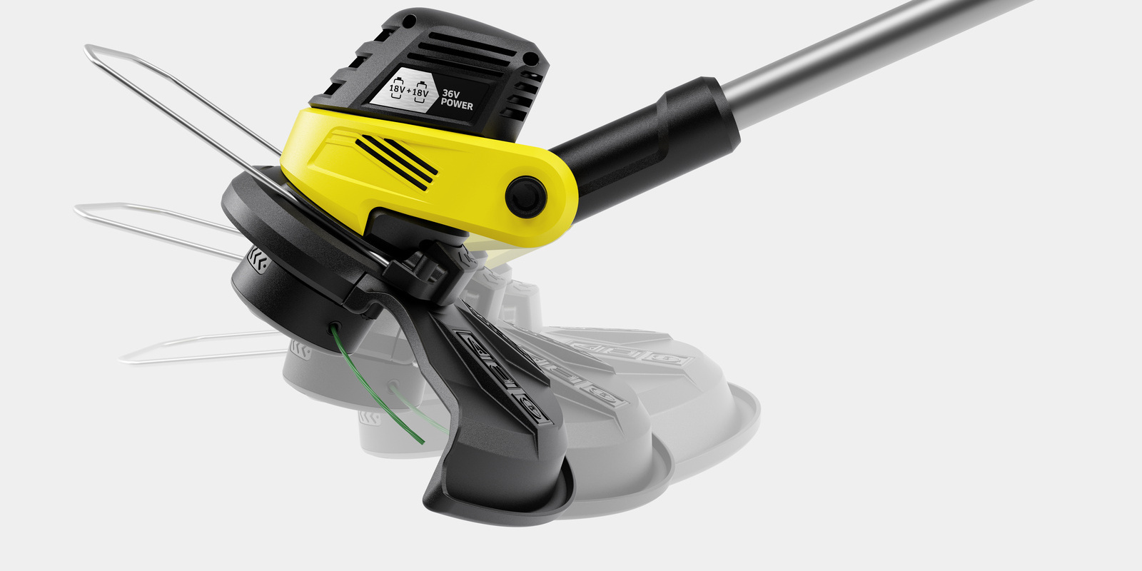 ergonomic trimming one hand adjusts the angle of the Kärcher battery-powered lawn trimmer at the touch of a button