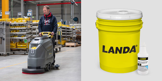 A worker cleans warehouse floors with Landa building care detergents