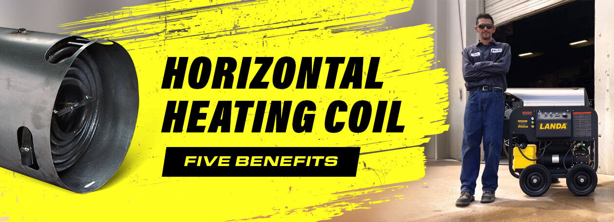 5 Benefits of Horizontal Heating Coils A worker stands next to a Landa pressure washer with its signature horizontal coil