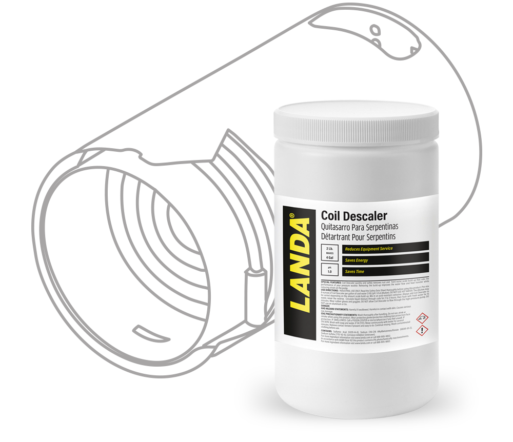 Landa Coil Descaler illustration of a horizontal coil next to Landa Coil Descaler