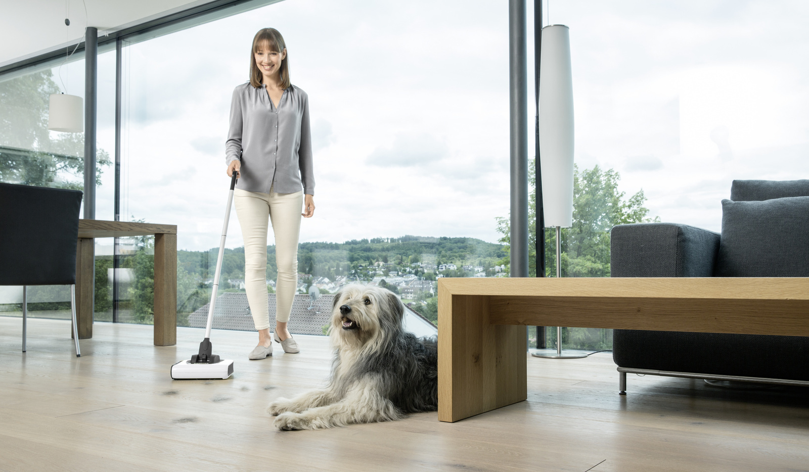 Removing pet hair from the floor with a cordless electric broom Removing pet hair from the floor with a Kärcher cordless electric broom
