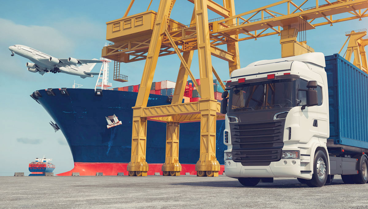 Keep Your Equipment Clean A semi truck sits in front of a cargo ship, which sites in front of an airplane in the sky