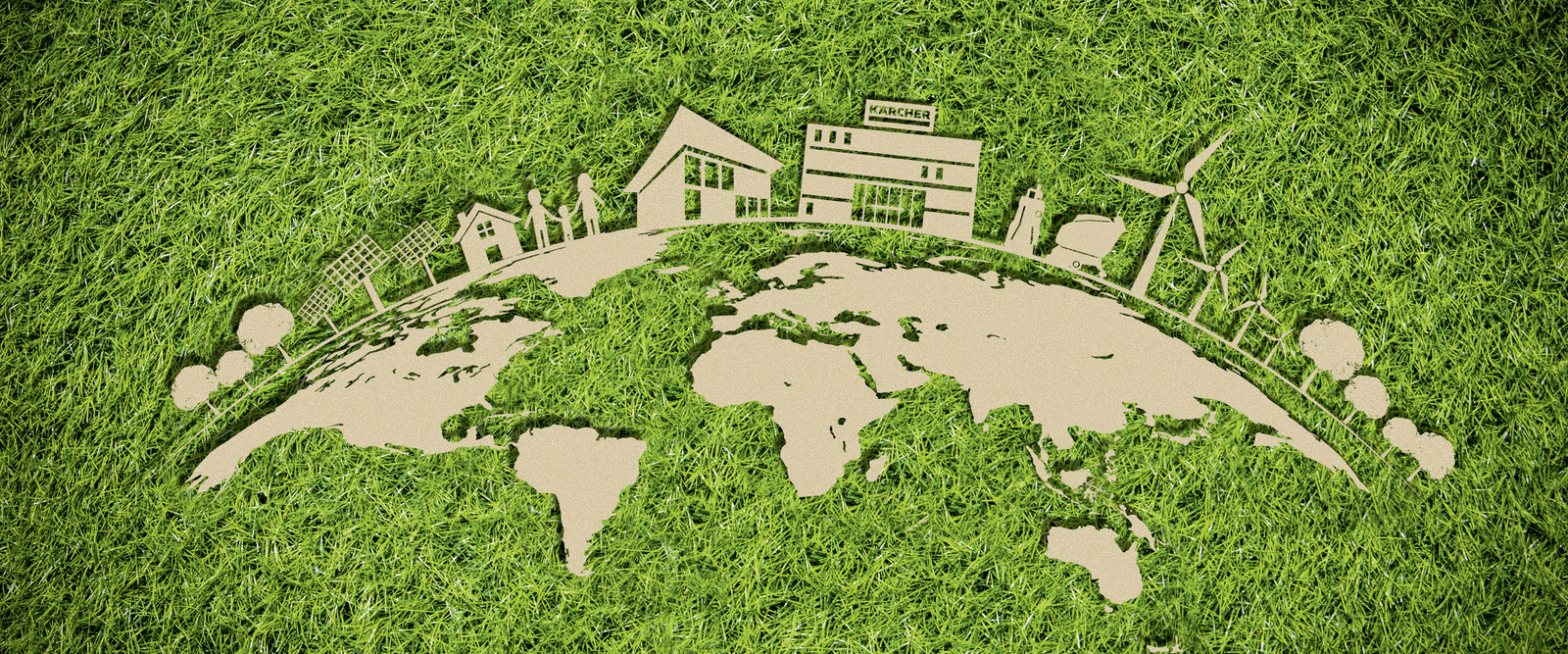 Sustainability in building cleaning An illustration with a globe, buildings, trees and wind turbines on the topic of sustainability