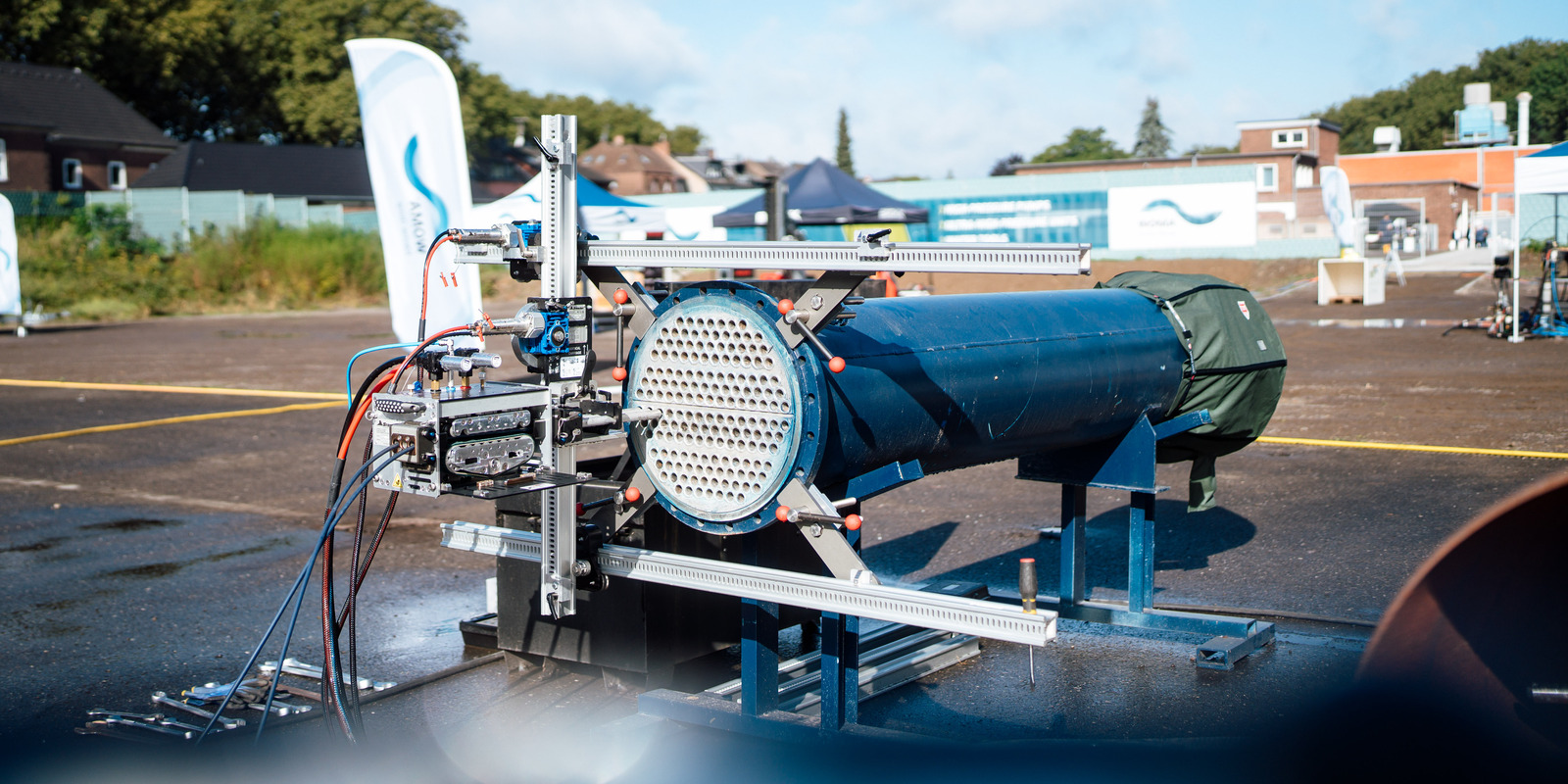 Cleaning a heat exchanger A heat exchanger is being cleaned
