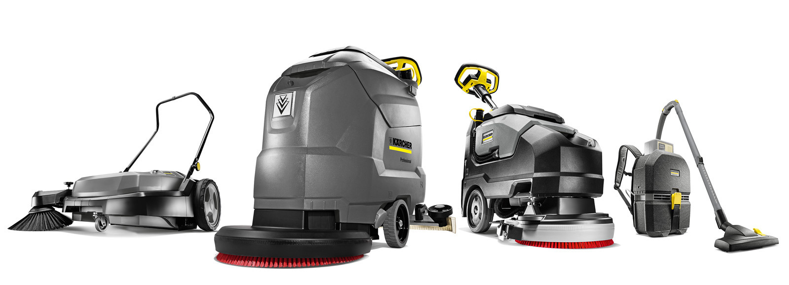 Commercial Floor Care Equipment Four Kärcher floor care products stand next to each other