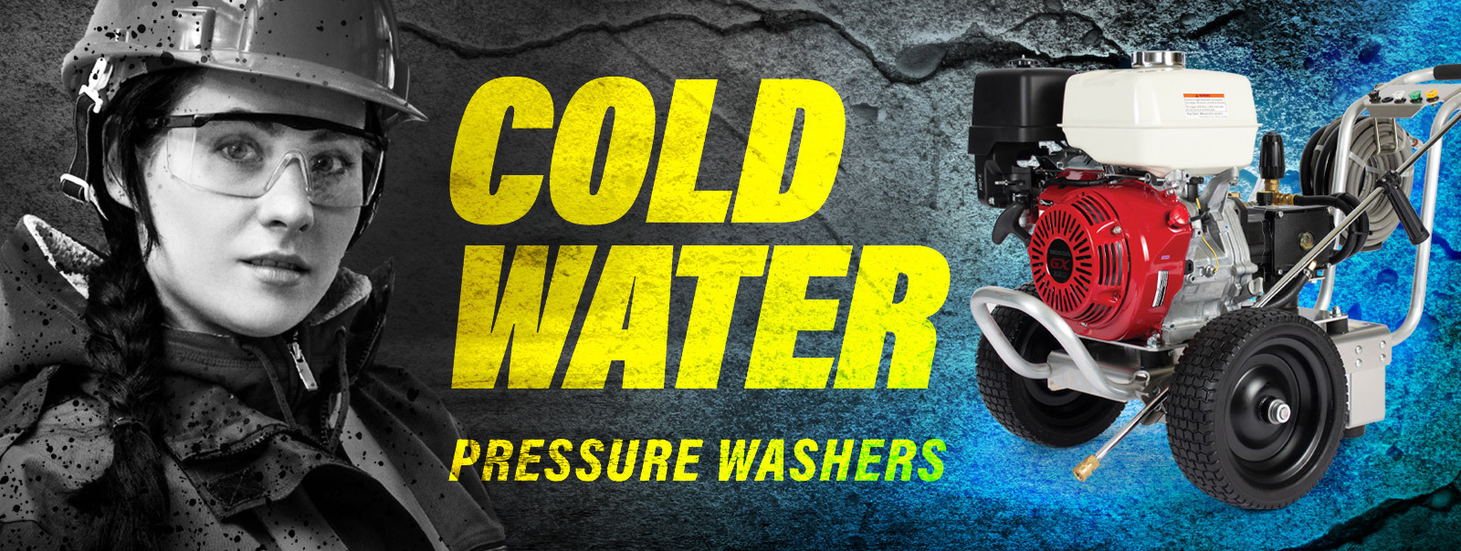 Headshot of a woman with personal protective equipment next to a Landa cold water pressure washer