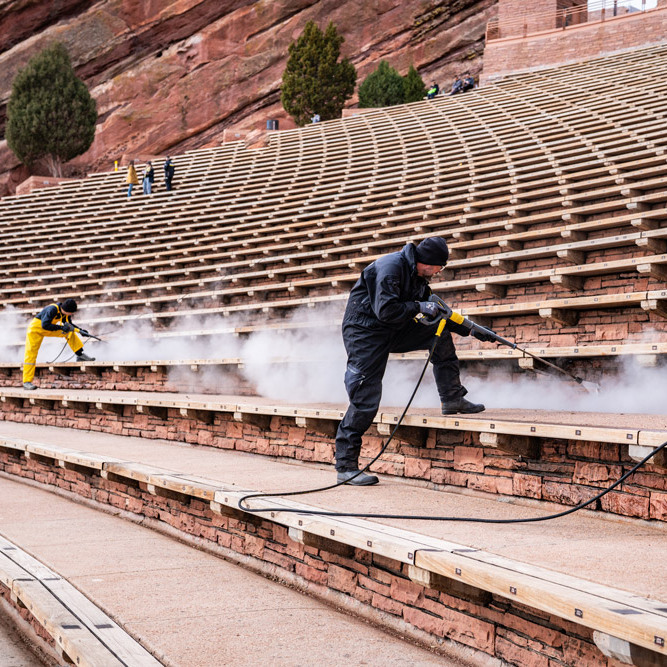 Pressure washing under seats.