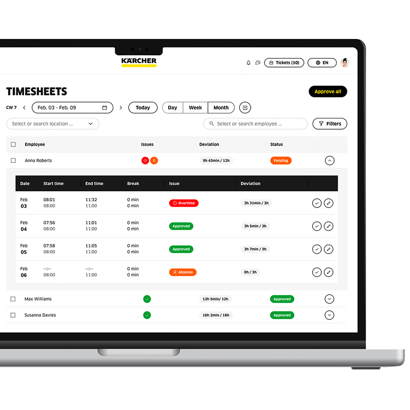 Support your team with Connected Cleaning Laptop with timesheets page to correct check-in and check-out times